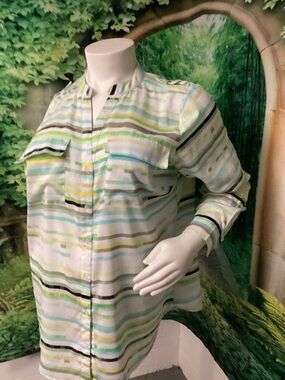 Calvin Klein Striped Button-Front Blouse in White, Green, Blue